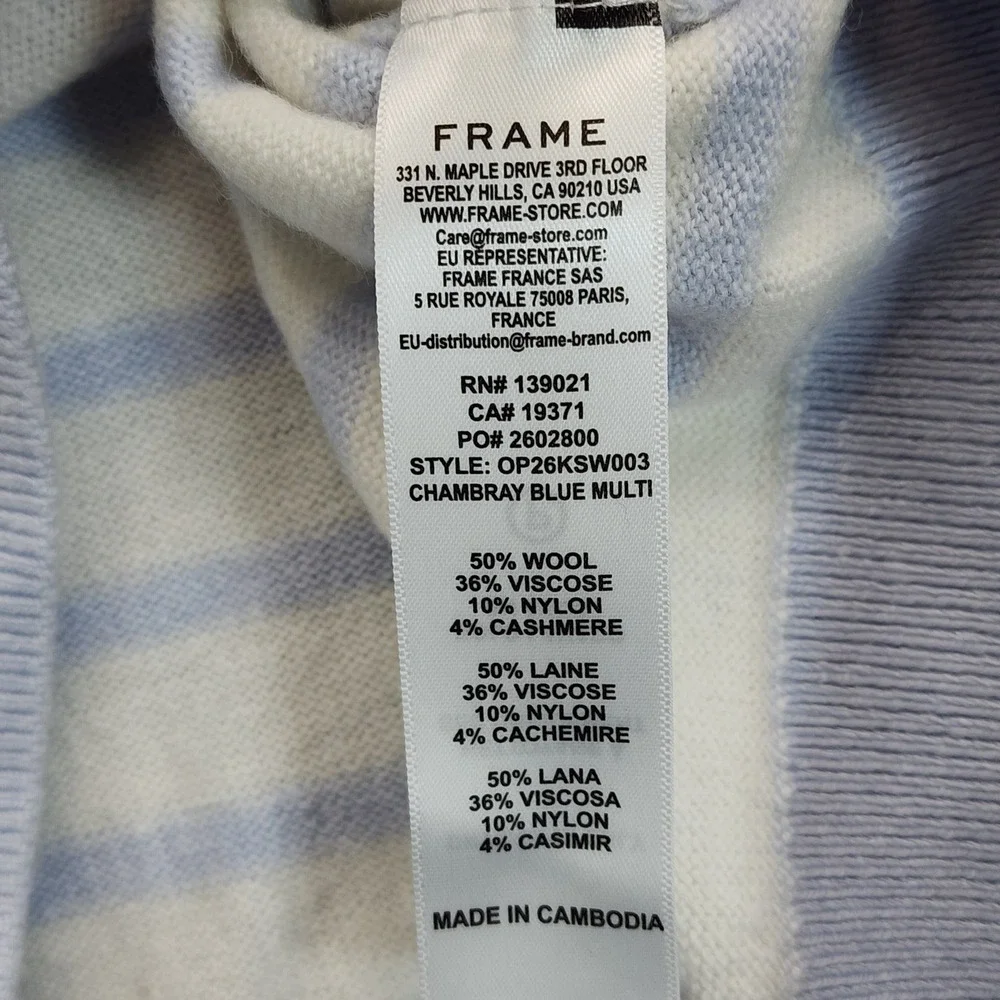 NWT FRAME The Frankie Cashmere Blend Striped Puff Sleeve Coquette Sweater XS